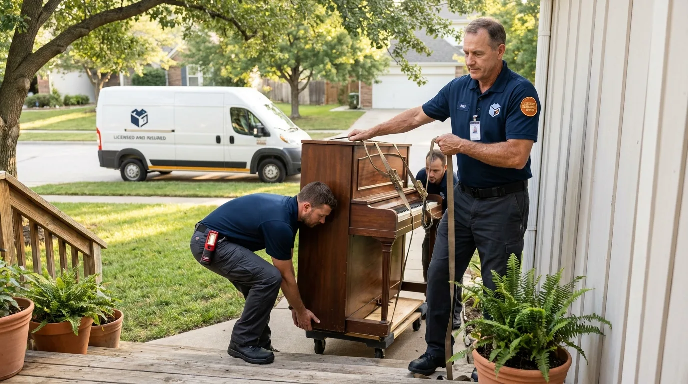 Licensed piano movers securing grand piano in Glade Spring, VA